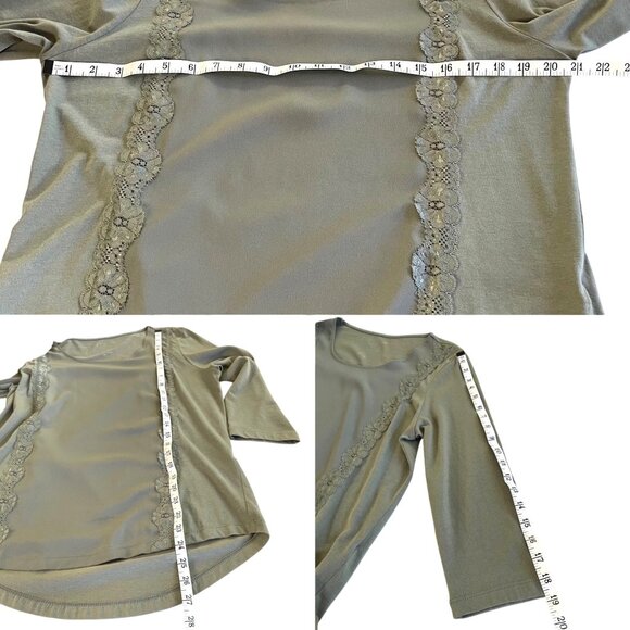 Chicos Olive Green 3/4 Sleeve Top Lace Detail Sz 1= M Cotton Blend Lightweight - Picture 4 of 5